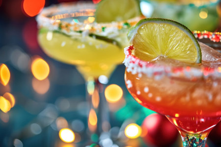 Artfully Crafted Margaritas on a Vibrant Cinco de Drinco: Glasses of cocktails with ice and lime on bokeh backgroundの素材