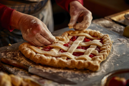 Heart-shaped Pie Cooking Workshop: Culinary enthusiasts involved in making heart-shaped pies. Touching designs of pies for Valentine's Day.の素材