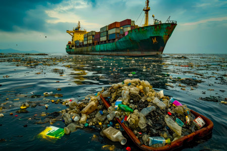 Industrial ship transporting plastic waste into the sea. Surrounding Details: Debris, containers, polluted water. Industrial and realistic perspective.の素材