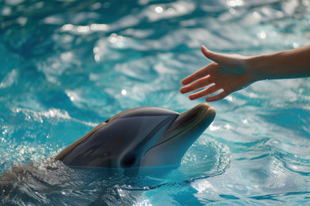 Dolphin in swimming pool, close-up of hand and dolphinの素材