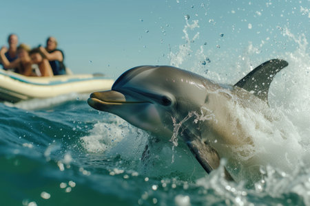 dolphins jumping out of the water on a boat and splashingの素材