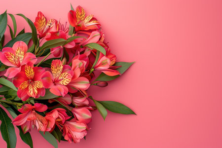 Bouquet of Alstroemeria flowers on a pink backgroundの素材