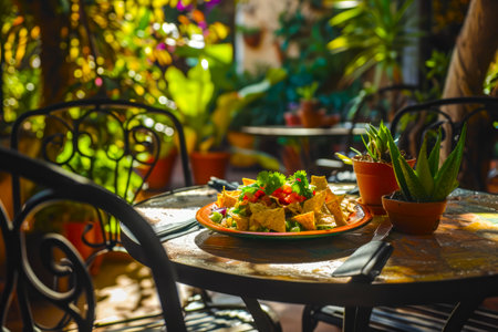 Chilaquiles served on a rustic plate, placed on a sunlit Mexican courtyard table, capturing the essence of outdoor dining.の素材