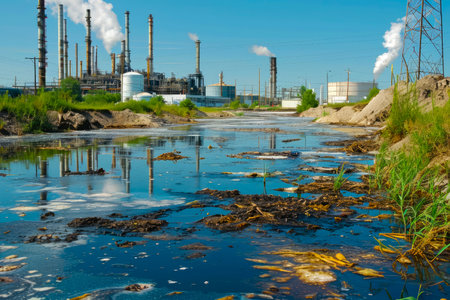 Industrial landscape with power plant and polluting plants, blue skyの素材