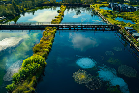Industrial Waterways: Industrial water bodies surrounded by ecosystems, illustrating the ecological effects of industrial waste discharge.の素材