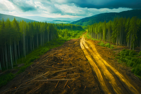 Logging activities juxtaposed with untouched forests, highlighting the environmental consequences of deforestation.の素材