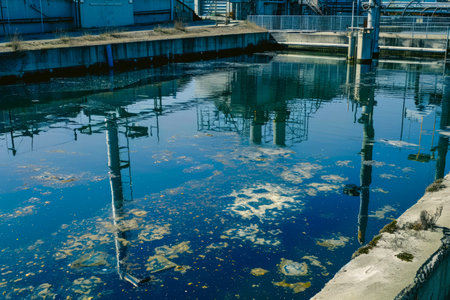 Industrial Waterways: Industrial water bodies surrounded by ecosystems, illustrating the ecological effects of industrial waste discharge.の素材