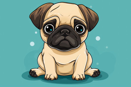 Cute cartoon pug sitting on blue background. Cartoon style illustration.の素材