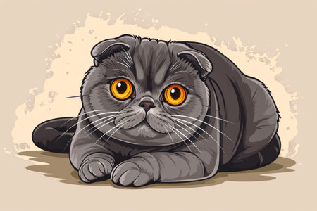 Cute Scottish Fold cat lying on the floor. Cartoon style illustration of a pet.の素材