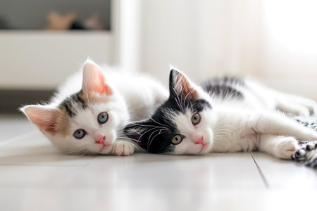 Two little kittens lying on the floor and looking at the camera.の素材