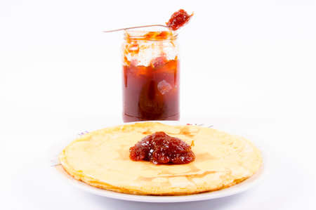 Pancake and jamm isolated on whiteの写真素材