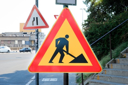 Work in progress sign on the roadの写真素材