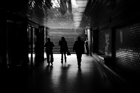 People in the tunnel in black and white techniqueの写真素材