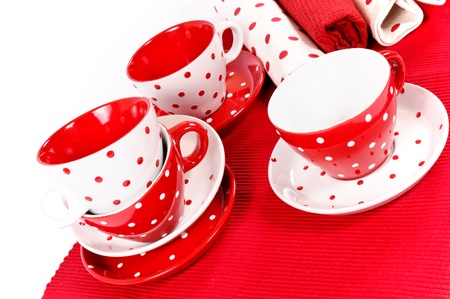 Empty cups and decorative ragsの写真素材