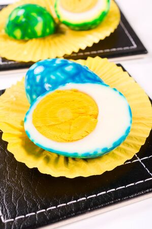 Selective focus on the front egg half