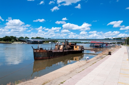 Landscape of Belgrade dock on Sava riverの写真素材