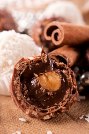 Sweet chocolate cream and nut in middleの写真素材