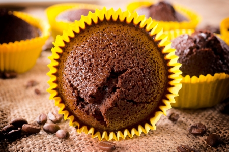 Tasty sweet cup cakes with coffee and chocolate の写真素材