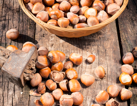 Hazelnut and old hammer on the wooden table from above
