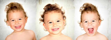 Three portraits of happy child with big smile on the face 