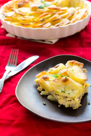 Fresh baked musaka with potato and beef.Selective focus on the slice in plate の写真素材