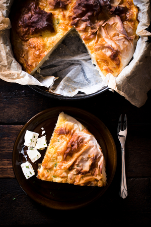 Traditional Serbian dish called burek,pie with cheese,from aboveの写真素材