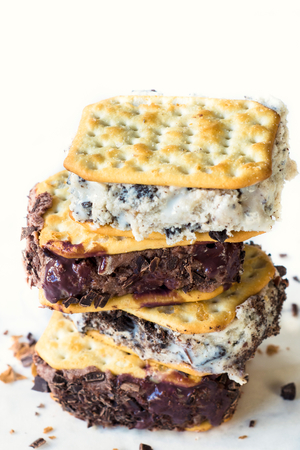 Sweet stracciatela and chocolate ice cream sandwich,selective focus