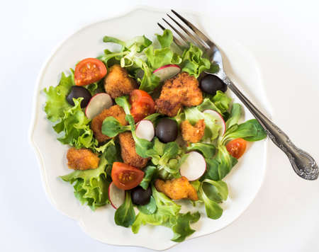 Fresh organic salad with chicken meat from aboveselective focusの写真素材