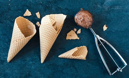 Sweet homemade chocolate ice cream and cone,selective focusの写真素材