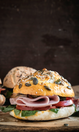 Sausage sandwiches in homemade buns and pickles,selective focus and blank spaceの写真素材