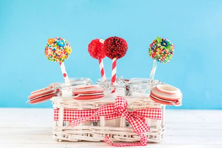 Homemade sweet Cakes Pops in the jars, selective focusの写真素材