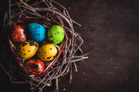 Colorful quail eggs in heart shape box on nest,selective focus and blank spaceの写真素材
