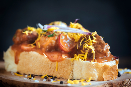 Meatballs and cheese sandwich on the board,selective focusの写真素材