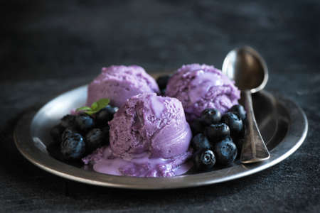Scoops of homemade blueberry ice cream in metal plate,selective focusの写真素材