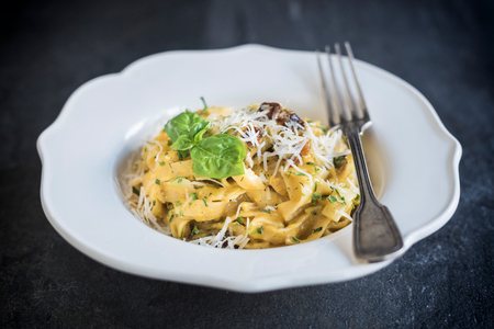 Served pasta carbonara in the plate,selective focusの写真素材