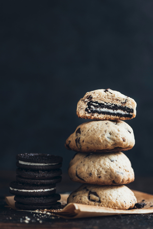 Homemade and stuffed chocolate chip cookies,selective focusの写真素材