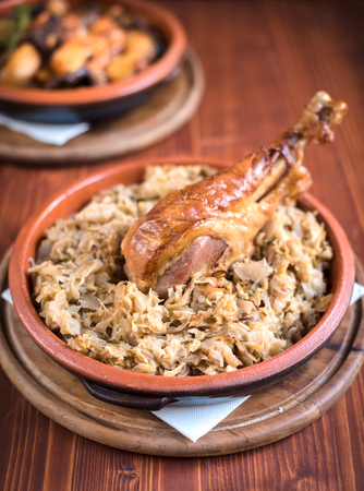 Turkey drumstick with cooked cabbage,seelctive focusの写真素材