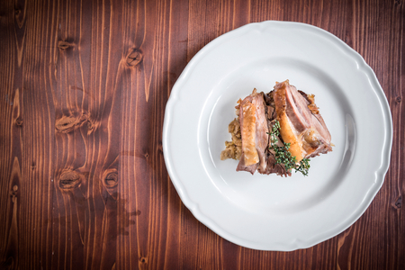 Served turkey meat and cooked cabbage in restaurant,empty space for adsの写真素材