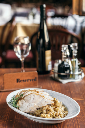 Turkey breasts and cabbage in the plate,selective focusの写真素材