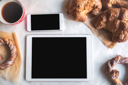 Sweet breakfast served in the officeの写真素材