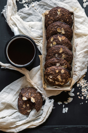 Packed homemade oats and chocolate cookiesの写真素材