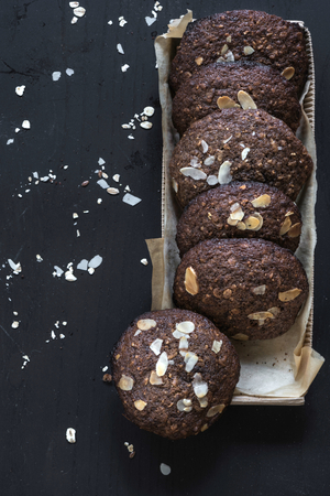 Homemade chocolate and oats cookies packed in the boxの写真素材