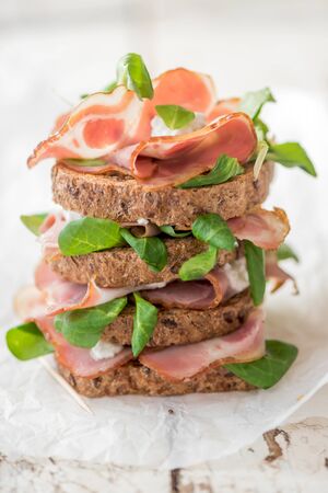 Toast sandwich with prosciutto and cream cheese,selective focusの写真素材