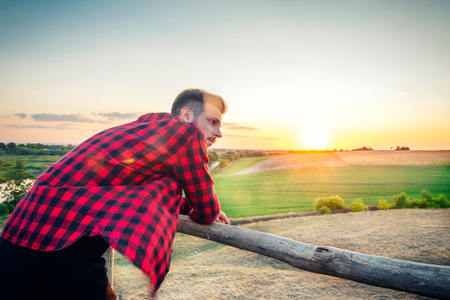 Man enjoy in beautiful landscape and sunsetの写真素材