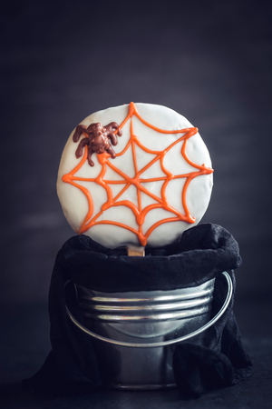 Spider cookie lollipops in basket,halloween backgroundの写真素材