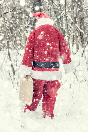Santa Claus walking in the woods and holding presentsの写真素材