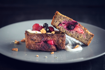 Sweet toast sandwicheswith berries,close up and selective focusの写真素材