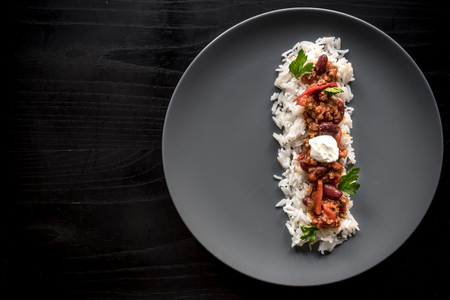 Minced lamb with white rice served on the plate,blank spaceの写真素材