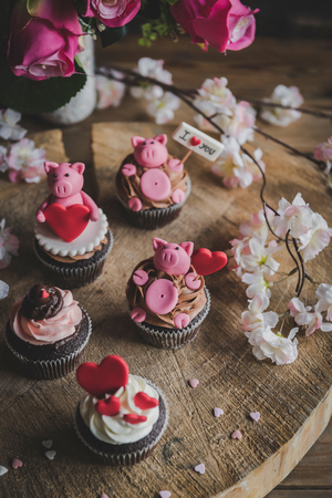 Group of sweet cupcakes with love concept,selective focus and Valentine day backgroundの写真素材