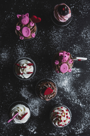 Group of cupcakes on the table,selective focus and valentines day conceptの写真素材